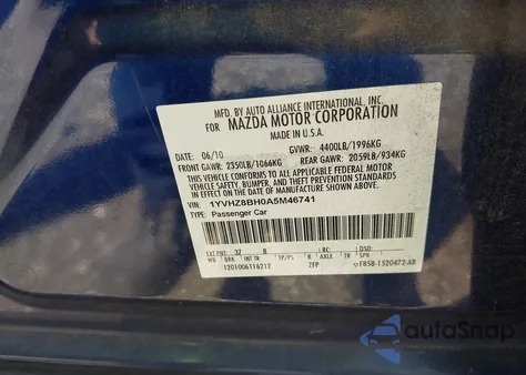 2010 Mazda Mazda6 I Sport из США, поврежденный, VIN 1YVHZ8BH0A5M46741